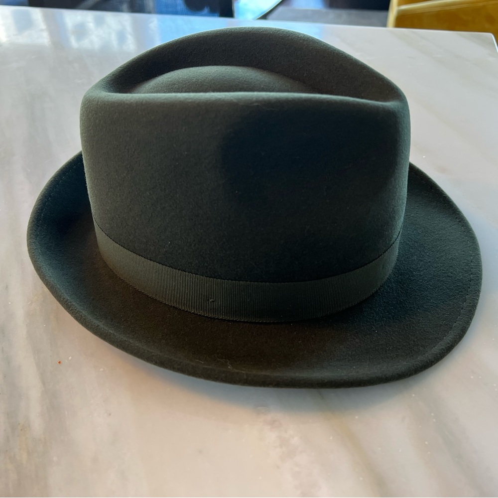Laird Hatter Rocky Trilby Hat-olive green. Lux cashmere felt. 55cm.  6 3/4.